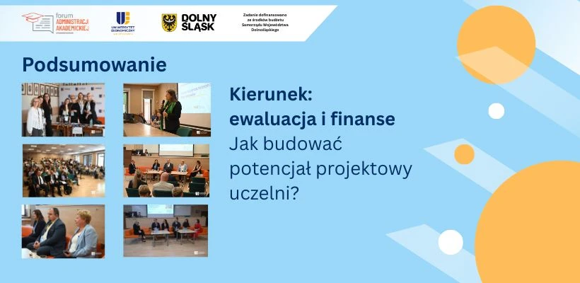 W górnej części zdjęcia loga: FAA, Urząd Marszałkowski Województwa Dolnośląskiego, Dolnego Śląska i informacja o dofinansowaniu. Poniżej napis Podsumowanie oraz 6 zdjęć z konferencji. Na środku napis Kierunek: ewaluacja i finanse, Jak budować potencjał ...